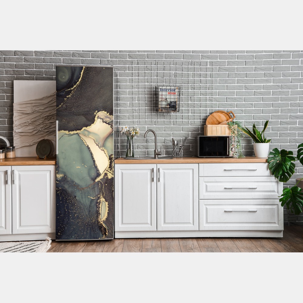 Naklejka na lodówkę turkusowo-złota abstrakcja w technice alcohol ink – Wallissimo® Naklejka na lodówkę turkusowo-złota abstrakcja w technice alcohol ink – Wallissimo®