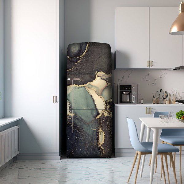 Naklejka na lodówkę turkusowo-złota abstrakcja w technice alcohol ink – Wallissimo® Naklejka na lodówkę turkusowo-złota abstrakcja w technice alcohol ink – Wallissimo®