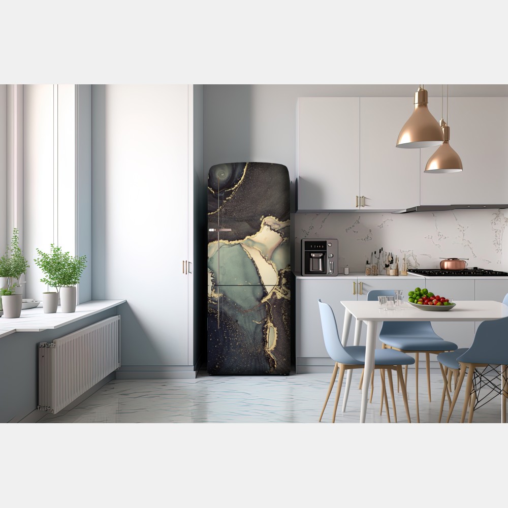 Naklejka na lodówkę turkusowo-złota abstrakcja w technice alcohol ink – Wallissimo® Naklejka na lodówkę turkusowo-złota abstrakcja w technice alcohol ink – Wallissimo®