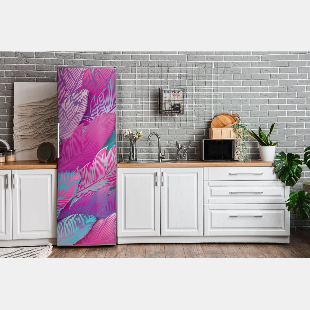 Naklejka na lodówkę iryzujący różowy wzór piór – Wallissimo® Naklejka na lodówkę iryzujący różowy wzór piór – Wallissimo®