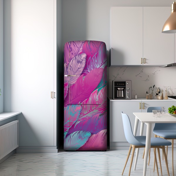 Naklejka na lodówkę iryzujący różowy wzór piór – Wallissimo® Naklejka na lodówkę iryzujący różowy wzór piór – Wallissimo®