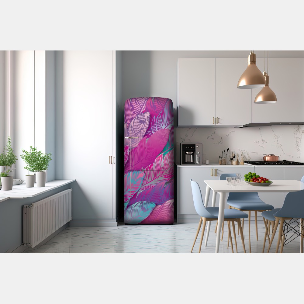 Naklejka na lodówkę iryzujący różowy wzór piór – Wallissimo® Naklejka na lodówkę iryzujący różowy wzór piór – Wallissimo®