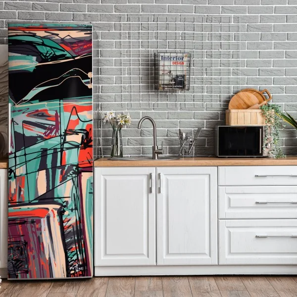 Naklejka na lodówkę turkusowo-koralowa abstrakcyjna kompozycja – Wallissimo® Naklejka na lodówkę turkusowo-koralowa abstrakcyjna kompozycja – Wallissimo®