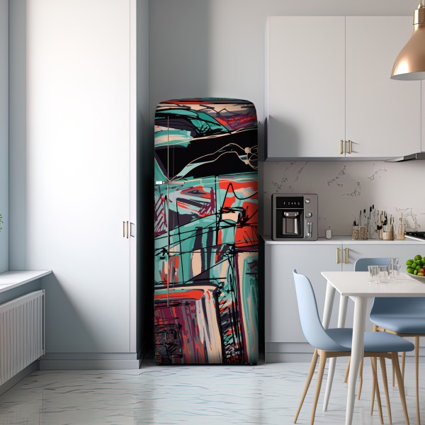 Naklejka na lodówkę turkusowo-koralowa abstrakcyjna kompozycja – Wallissimo® Naklejka na lodówkę turkusowo-koralowa abstrakcyjna kompozycja – Wallissimo®