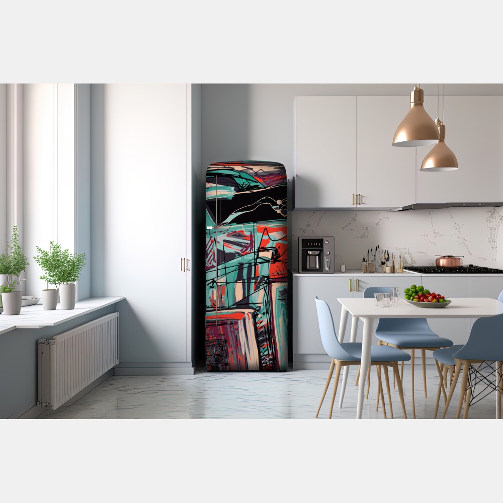 Naklejka na lodówkę turkusowo-koralowa abstrakcyjna kompozycja – Wallissimo® Naklejka na lodówkę turkusowo-koralowa abstrakcyjna kompozycja – Wallissimo®