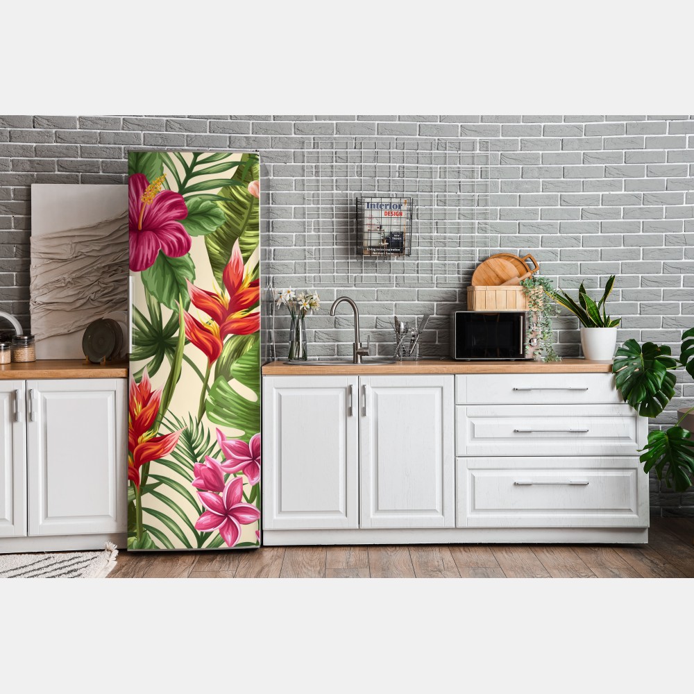 Naklejka na lodówkę tropikalny wzór kwiatowy z hibiskusem i plumerią – Wallissimo® Naklejka na lodówkę tropikalny wzór kwiatowy z hibiskusem i plumerią – Wallissimo®