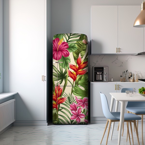 Naklejka na lodówkę tropikalny wzór kwiatowy z hibiskusem i plumerią – Wallissimo® Naklejka na lodówkę tropikalny wzór kwiatowy z hibiskusem i plumerią – Wallissimo®