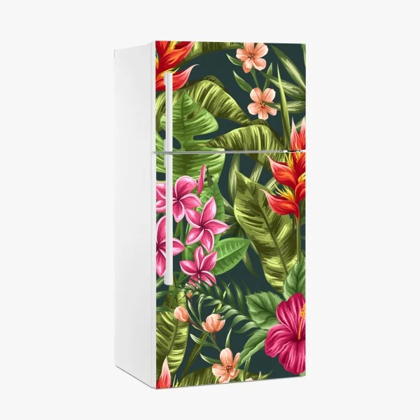 Naklejka na lodówkę tropikalny wzór hibiskusa i plumerii