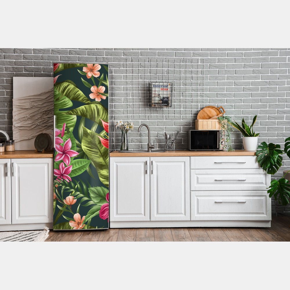 Naklejka na lodówkę tropikalny wzór hibiskusa i plumerii – Wallissimo® Naklejka na lodówkę tropikalny wzór hibiskusa i plumerii – Wallissimo®