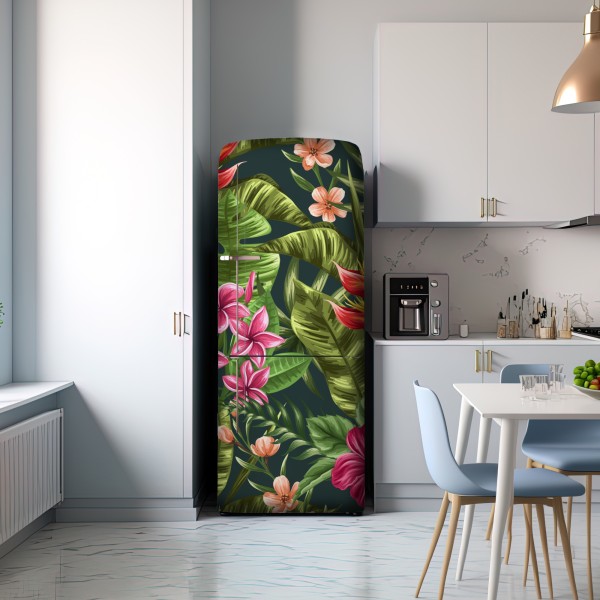 Naklejka na lodówkę tropikalny wzór hibiskusa i plumerii – Wallissimo® Naklejka na lodówkę tropikalny wzór hibiskusa i plumerii – Wallissimo®
