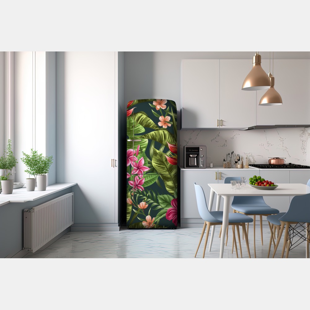 Naklejka na lodówkę tropikalny wzór hibiskusa i plumerii – Wallissimo® Naklejka na lodówkę tropikalny wzór hibiskusa i plumerii – Wallissimo®