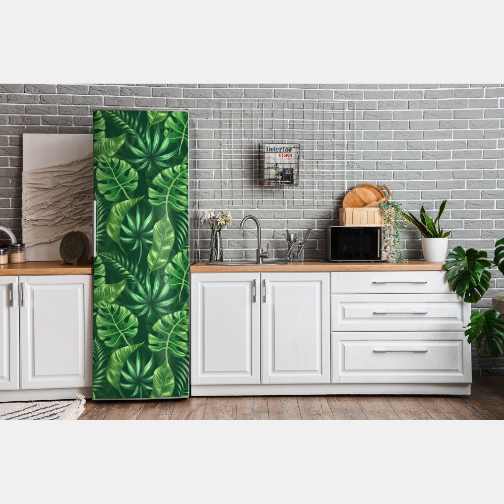 Naklejka na lodówkę tropikalny wzór z liśćmi monstery – Wallissimo® Naklejka na lodówkę tropikalny wzór z liśćmi monstery – Wallissimo®