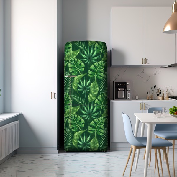 Naklejka na lodówkę tropikalny wzór z liśćmi monstery – Wallissimo® Naklejka na lodówkę tropikalny wzór z liśćmi monstery – Wallissimo®
