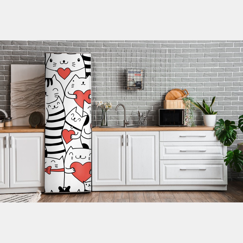 Naklejka na lodówkę urocze koty z sercami wzór – Wallissimo® Naklejka na lodówkę urocze koty z sercami wzór – Wallissimo®