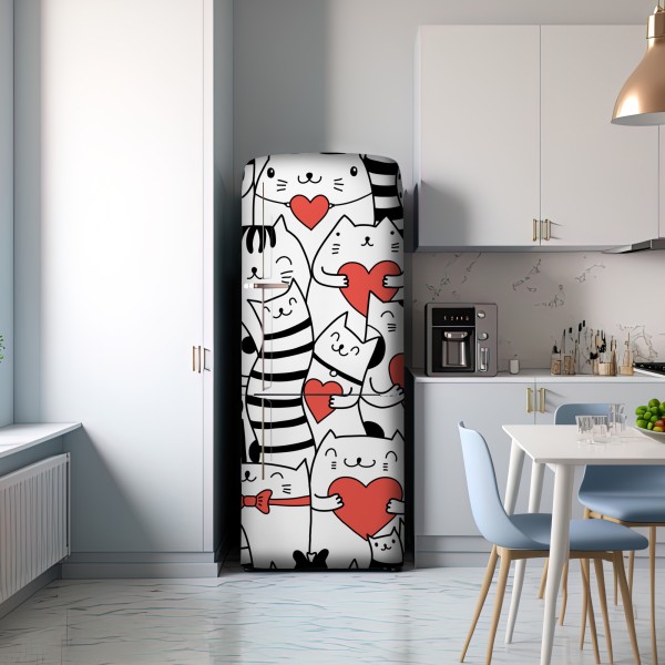 Naklejka na lodówkę urocze koty z sercami wzór – Wallissimo® Naklejka na lodówkę urocze koty z sercami wzór – Wallissimo®