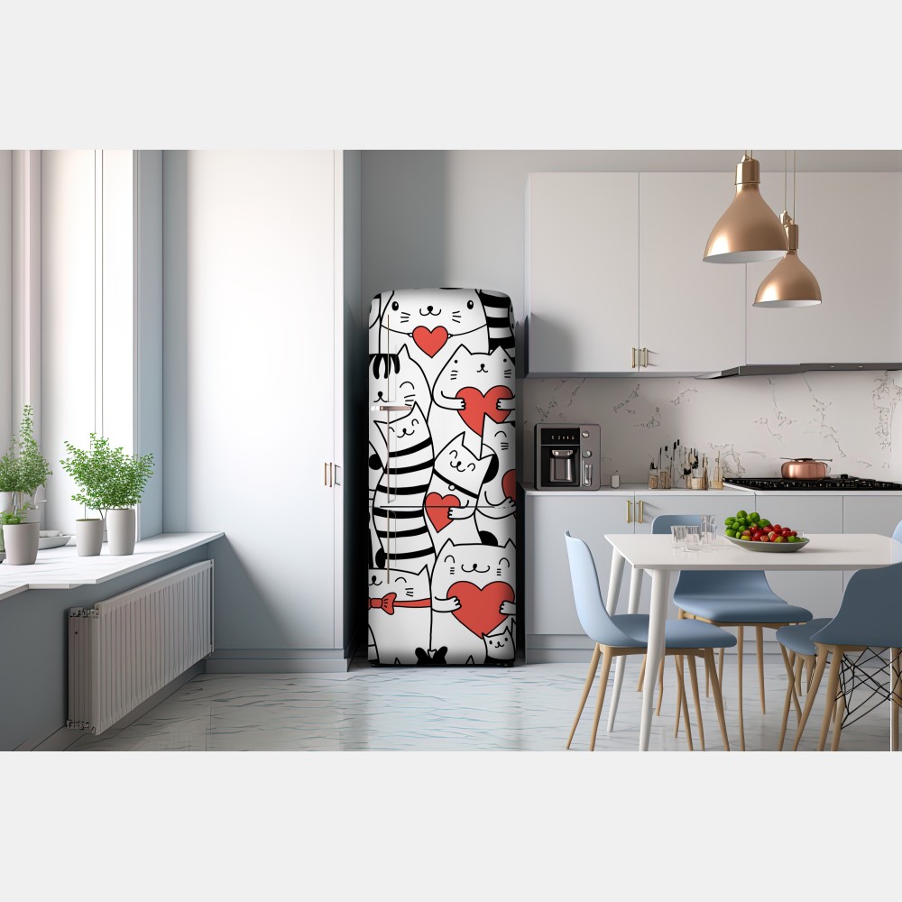Naklejka na lodówkę urocze koty z sercami wzór – Wallissimo® Naklejka na lodówkę urocze koty z sercami wzór – Wallissimo®
