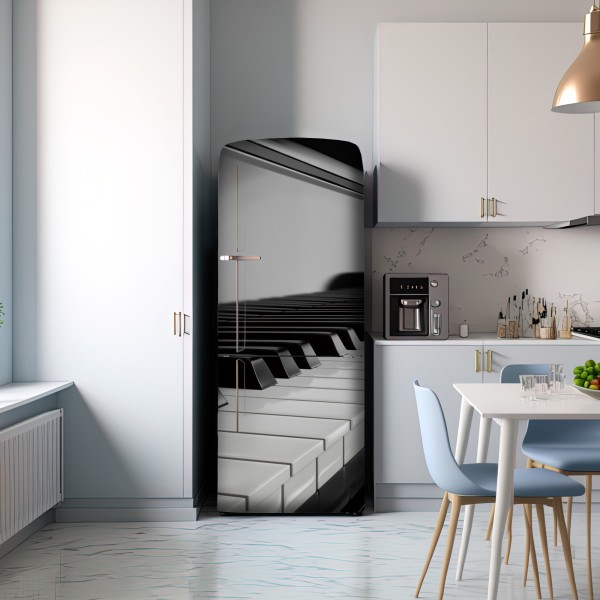 Naklejka na lodówkę eleganckie czarno-białe klawisze fortepianu – Wallissimo® Naklejka na lodówkę eleganckie czarno-białe klawisze fortepianu – Wallissimo®