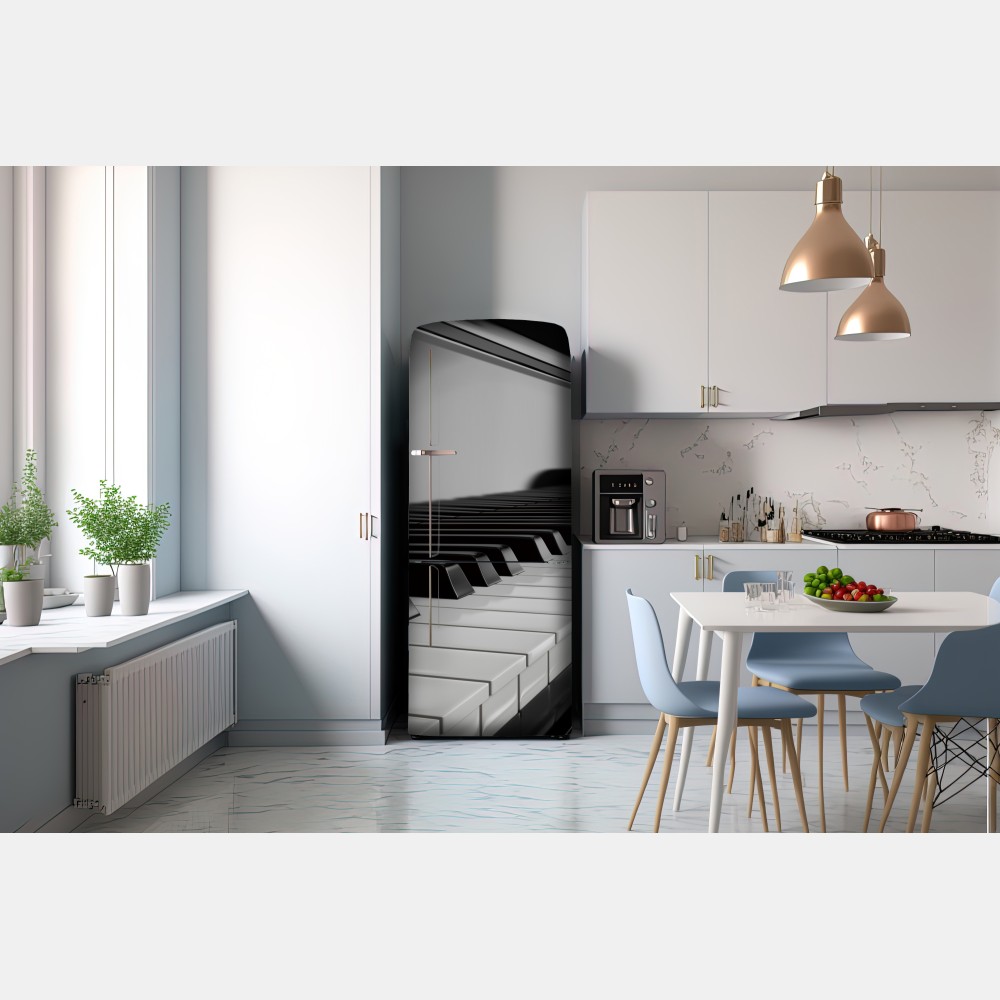 Naklejka na lodówkę eleganckie czarno-białe klawisze fortepianu – Wallissimo® Naklejka na lodówkę eleganckie czarno-białe klawisze fortepianu – Wallissimo®