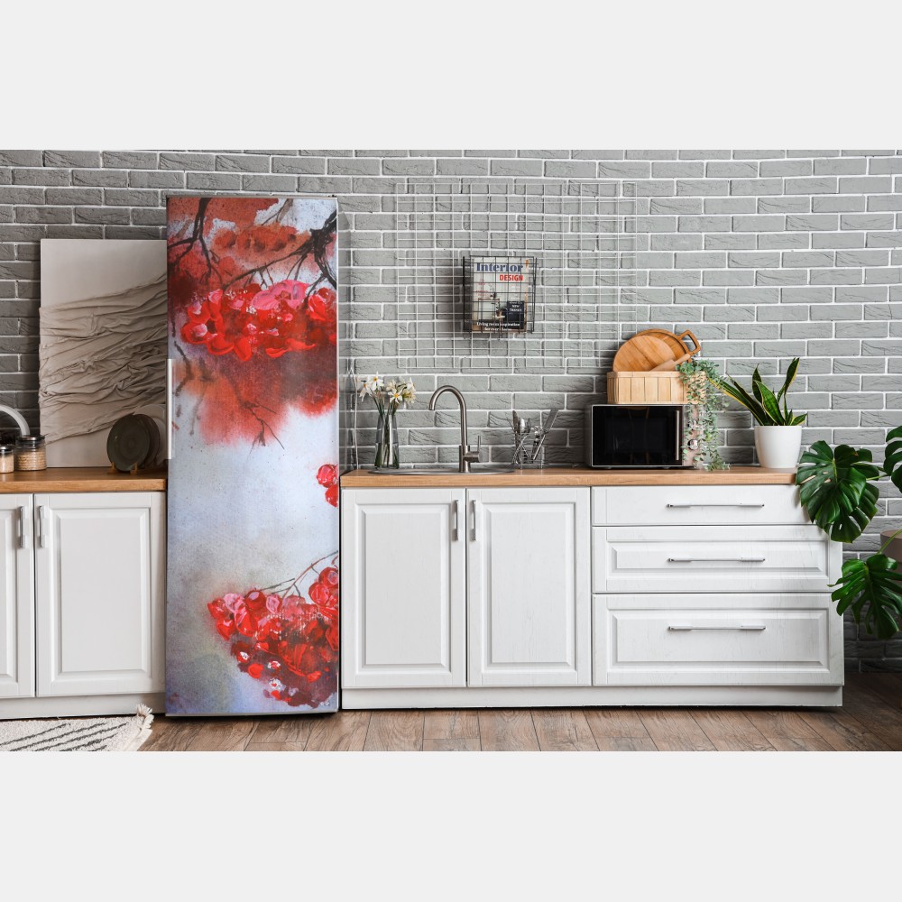 Naklejka na lodówkę akwarela czerwonych jagód na gałęziach – Wallissimo® Naklejka na lodówkę akwarela czerwonych jagód na gałęziach – Wallissimo®