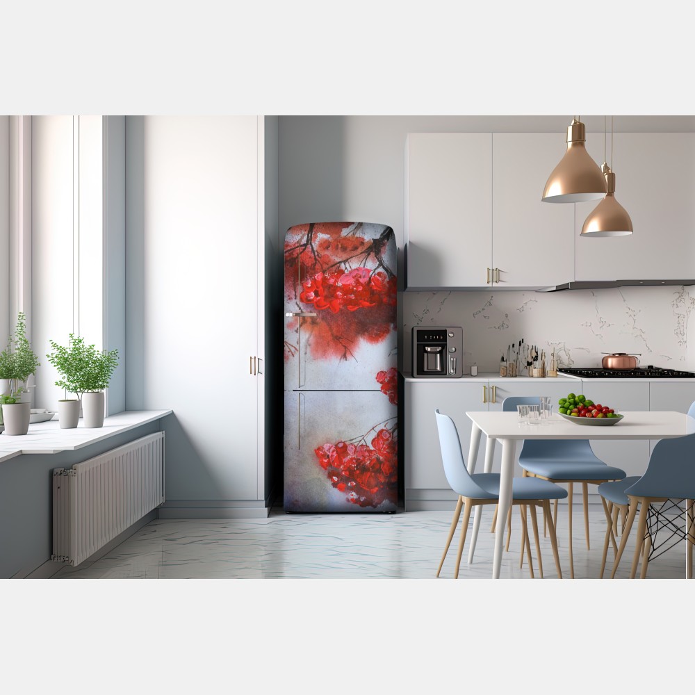 Naklejka na lodówkę akwarela czerwonych jagód na gałęziach – Wallissimo® Naklejka na lodówkę akwarela czerwonych jagód na gałęziach – Wallissimo®