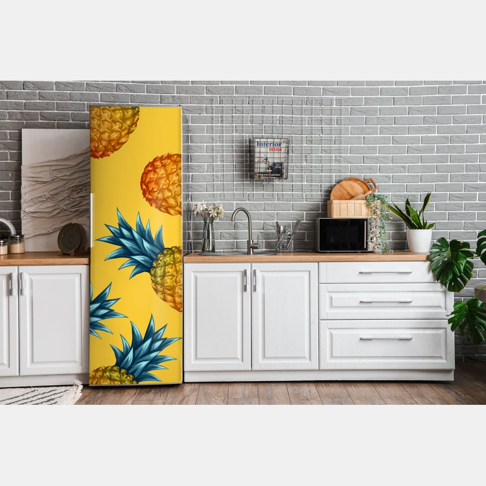 Naklejka na lodówkę tropikalny wzór z ananasami na żółtym tle – Wallissimo® Naklejka na lodówkę tropikalny wzór z ananasami na żółtym tle – Wallissimo®