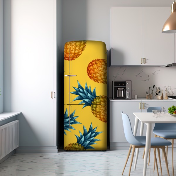 Naklejka na lodówkę tropikalny wzór z ananasami na żółtym tle – Wallissimo® Naklejka na lodówkę tropikalny wzór z ananasami na żółtym tle – Wallissimo®