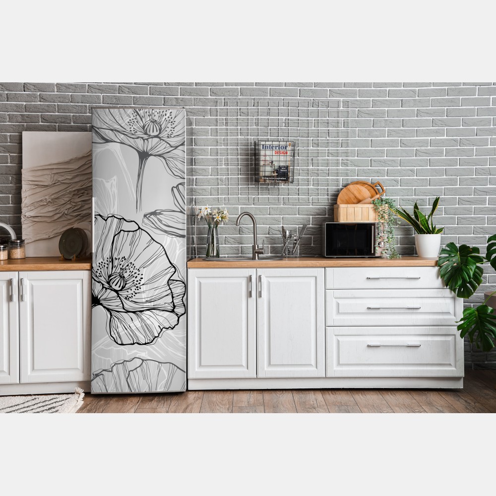 Naklejka na lodówkę delikatny szary mak w rysunku liniowym – Wallissimo® Naklejka na lodówkę delikatny szary mak w rysunku liniowym – Wallissimo®