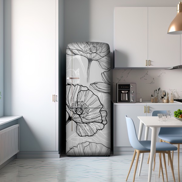 Naklejka na lodówkę delikatny szary mak w rysunku liniowym – Wallissimo® Naklejka na lodówkę delikatny szary mak w rysunku liniowym – Wallissimo®