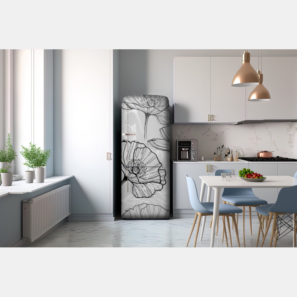 Naklejka na lodówkę delikatny szary mak w rysunku liniowym – Wallissimo® Naklejka na lodówkę delikatny szary mak w rysunku liniowym – Wallissimo®