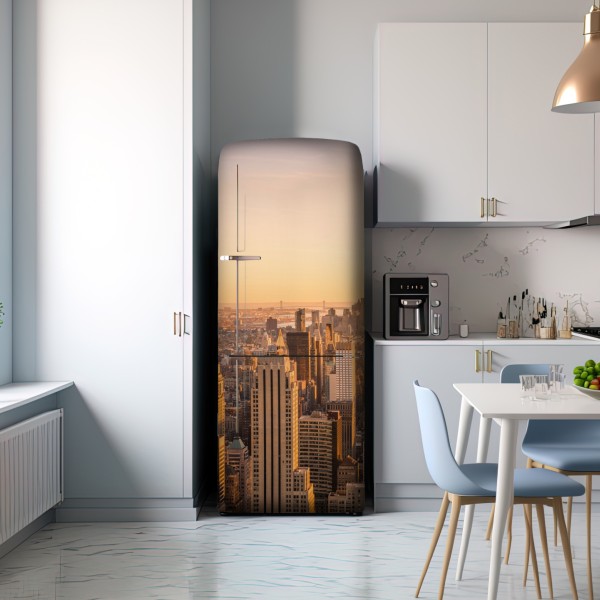 Naklejka na lodówkę złoty zachód nad panoramą Nowego Jorku – Wallissimo® Naklejka na lodówkę złoty zachód nad panoramą Nowego Jorku – Wallissimo®