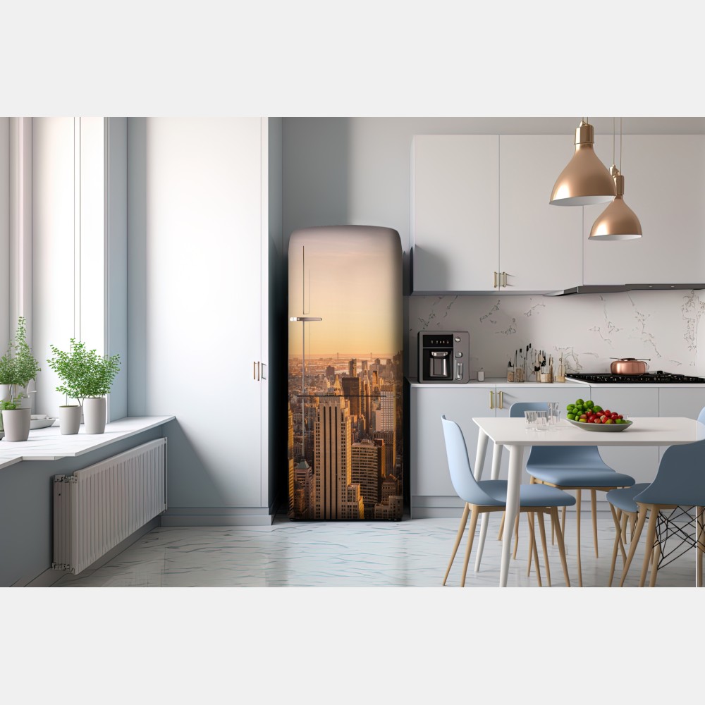 Naklejka na lodówkę złoty zachód nad panoramą Nowego Jorku – Wallissimo® Naklejka na lodówkę złoty zachód nad panoramą Nowego Jorku – Wallissimo®