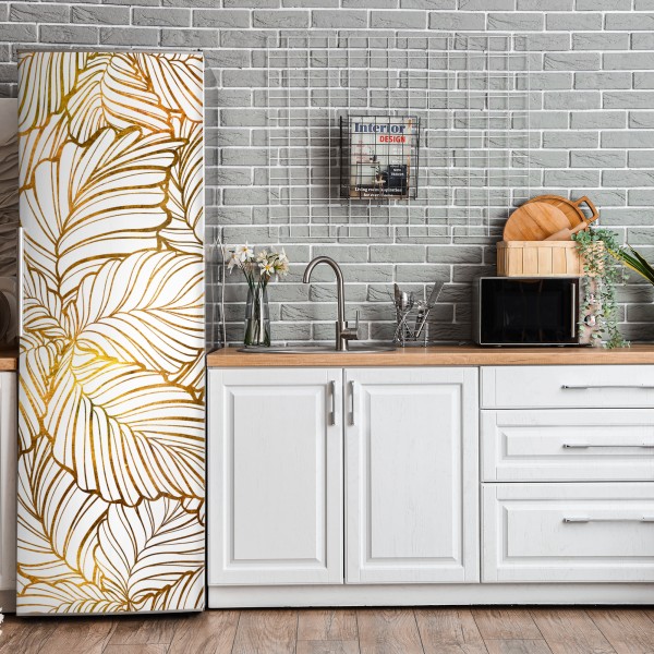 Naklejka na lodówkę złote liście w stylu line art – Wallissimo® Naklejka na lodówkę złote liście w stylu line art – Wallissimo®