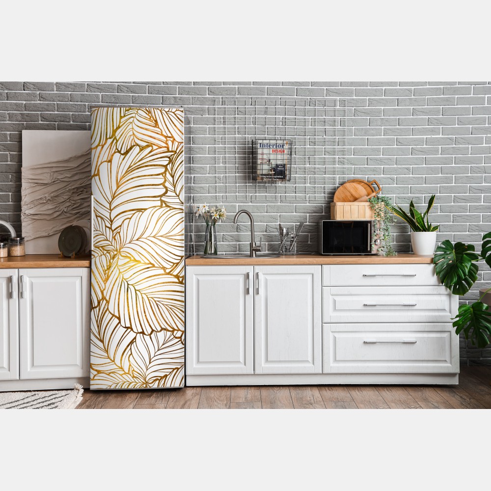 Naklejka na lodówkę złote liście w stylu line art – Wallissimo® Naklejka na lodówkę złote liście w stylu line art – Wallissimo®