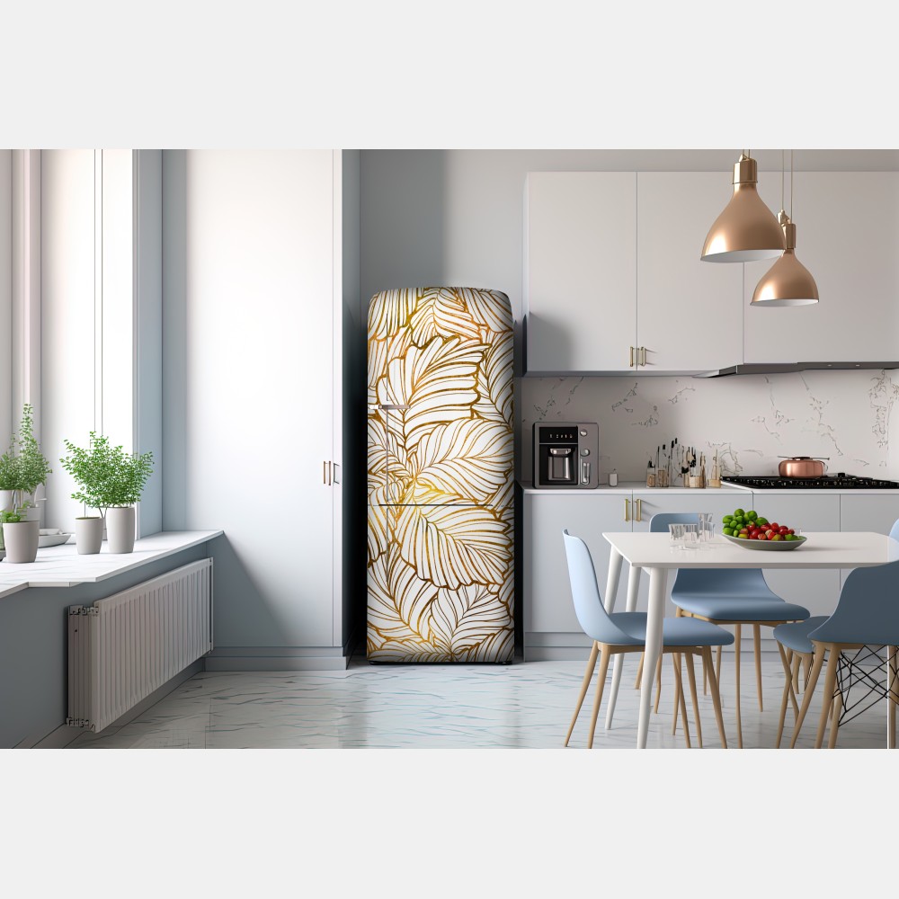 Naklejka na lodówkę złote liście w stylu line art – Wallissimo® Naklejka na lodówkę złote liście w stylu line art – Wallissimo®