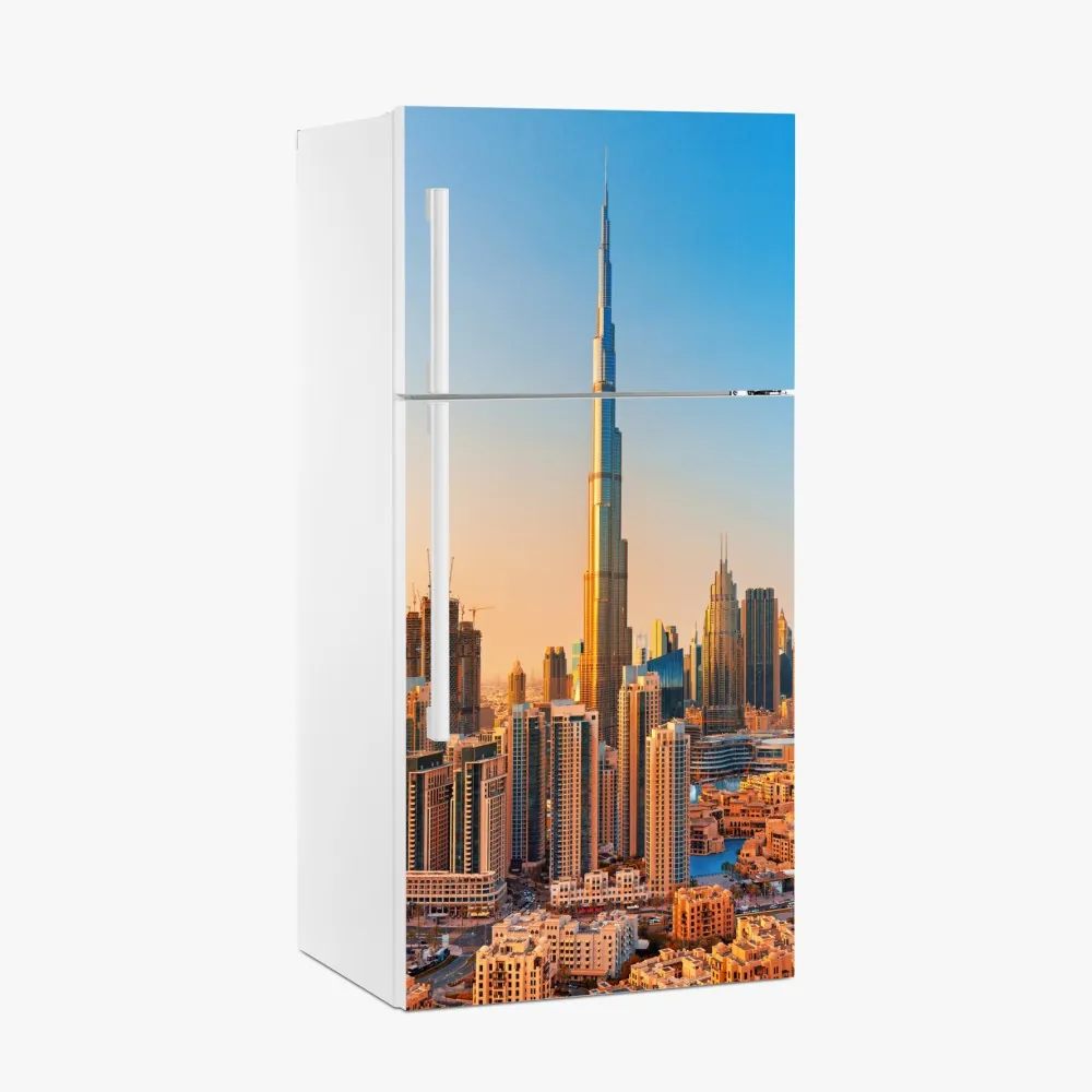 Naklejka na lodówkę panorama Dubaju o złotej godzinie – Wallissimo® Naklejka na lodówkę panorama Dubaju o złotej godzinie – Wallissimo®