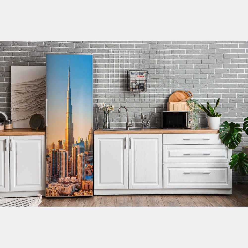 Naklejka na lodówkę panorama Dubaju o złotej godzinie – Wallissimo® Naklejka na lodówkę panorama Dubaju o złotej godzinie – Wallissimo®