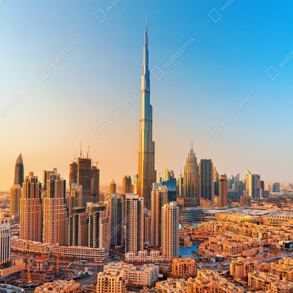 Naklejka na lodówkę panorama Dubaju o złotej godzinie – Wallissimo® Naklejka na lodówkę panorama Dubaju o złotej godzinie – Wallissimo®