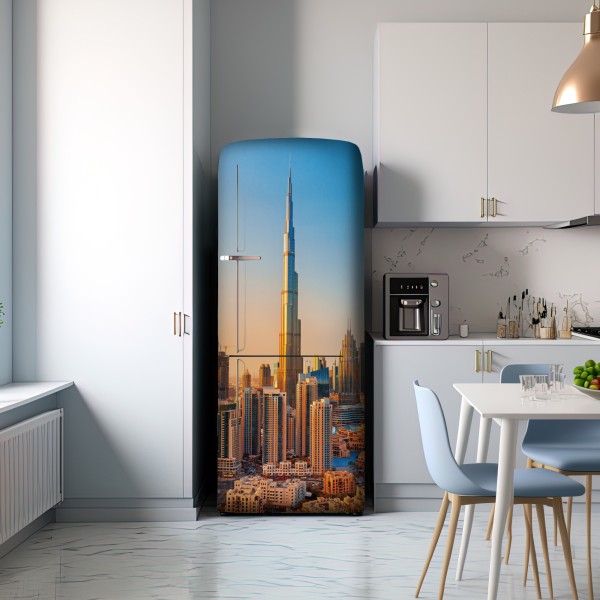 Naklejka na lodówkę panorama Dubaju o złotej godzinie – Wallissimo® Naklejka na lodówkę panorama Dubaju o złotej godzinie – Wallissimo®