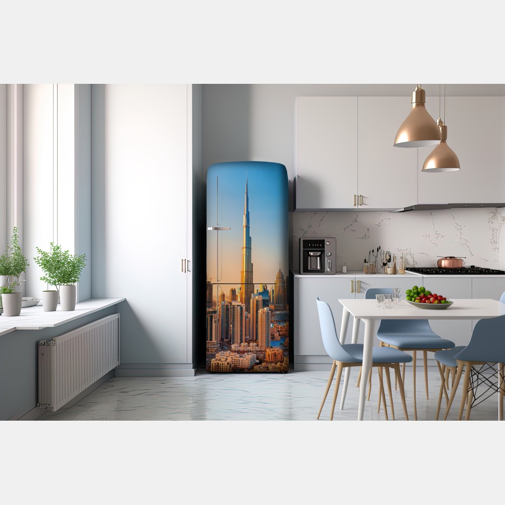 Naklejka na lodówkę panorama Dubaju o złotej godzinie – Wallissimo® Naklejka na lodówkę panorama Dubaju o złotej godzinie – Wallissimo®