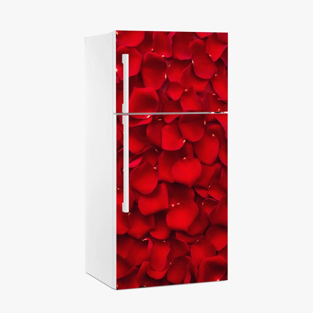 Naklejka na lodówkę czerwone płatki róż tło – Wallissimo® Naklejka na lodówkę czerwone płatki róż tło – Wallissimo®