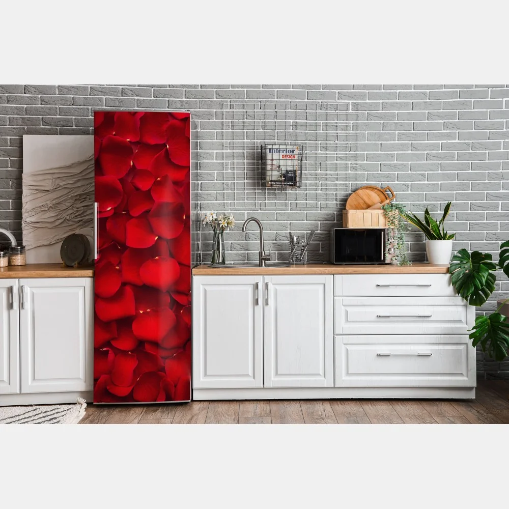 Naklejka na lodówkę czerwone płatki róż tło – Wallissimo® Naklejka na lodówkę czerwone płatki róż tło – Wallissimo®
