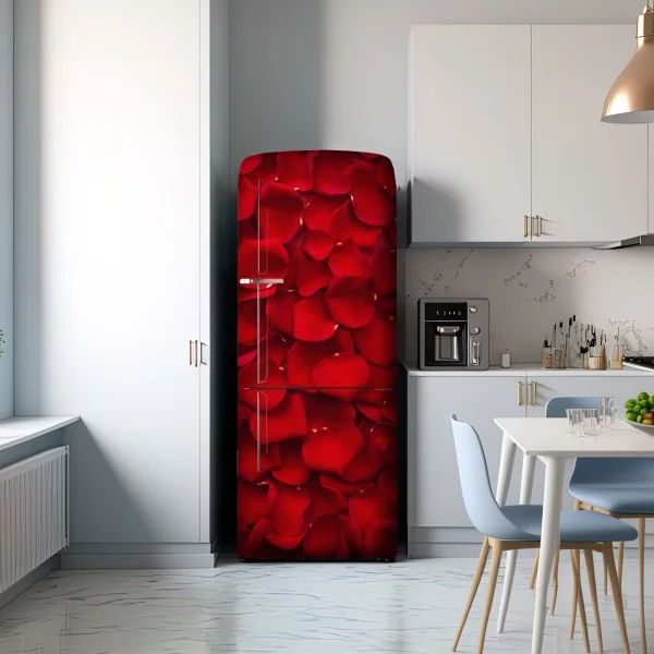 Naklejka na lodówkę czerwone płatki róż tło – Wallissimo® Naklejka na lodówkę czerwone płatki róż tło – Wallissimo®