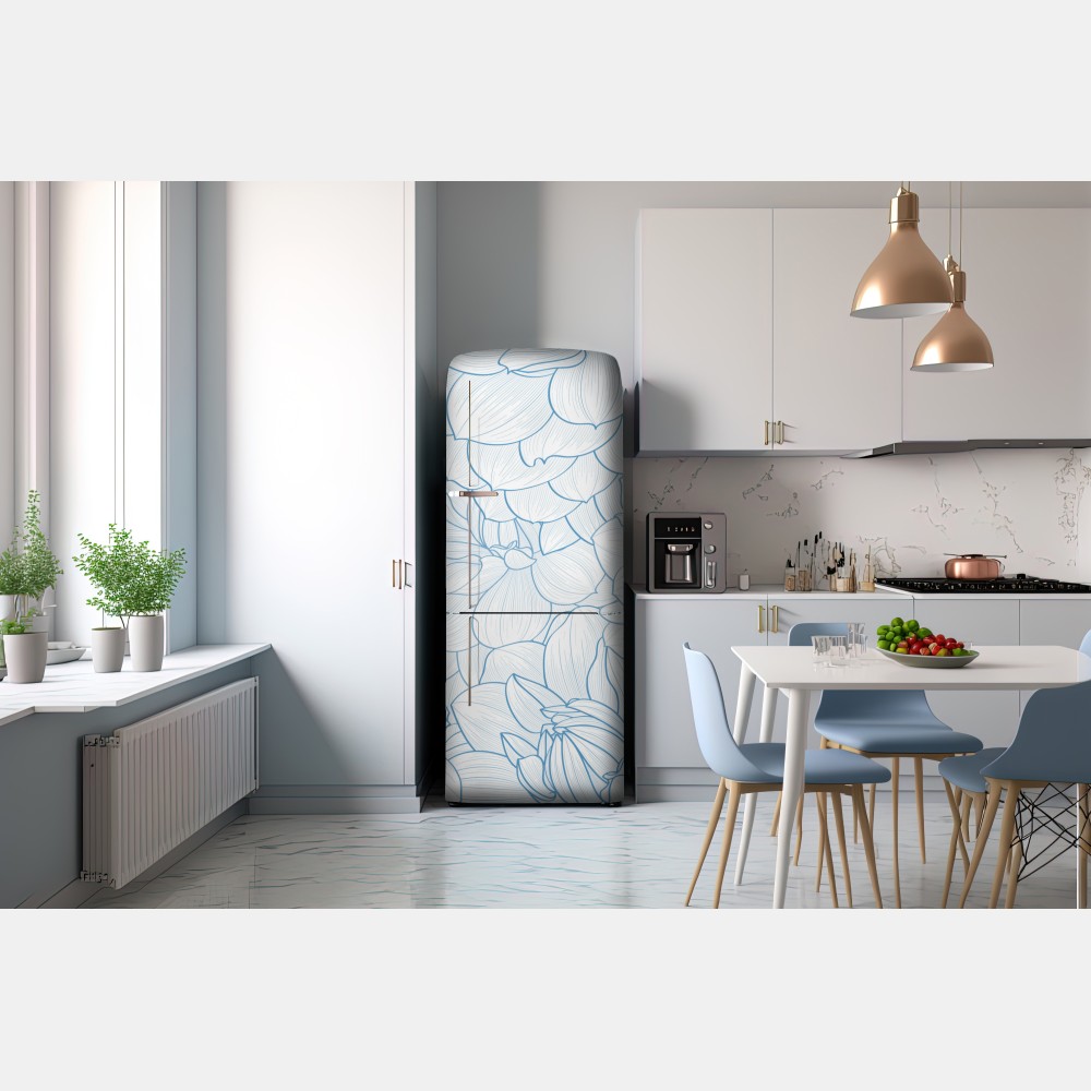 Naklejka na lodówkę delikatny niebieski motyw kwiatowy – Wallissimo® Naklejka na lodówkę delikatny niebieski motyw kwiatowy – Wallissimo®
