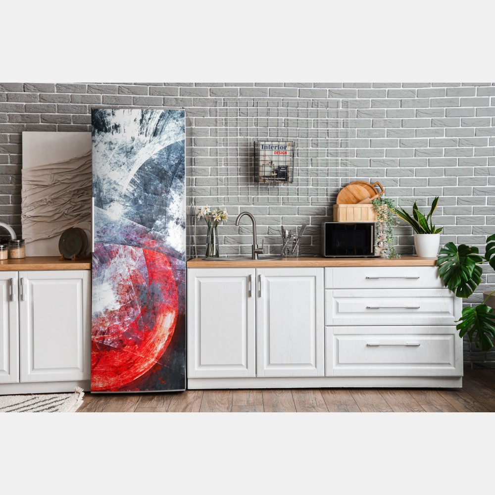 Naklejka na lodówkę dynamiczna czerwona i biała abstrakcyjna kompozycja – Wallissimo® Naklejka na lodówkę dynamiczna czerwona i biała abstrakcyjna kompozycja – Wallissimo®