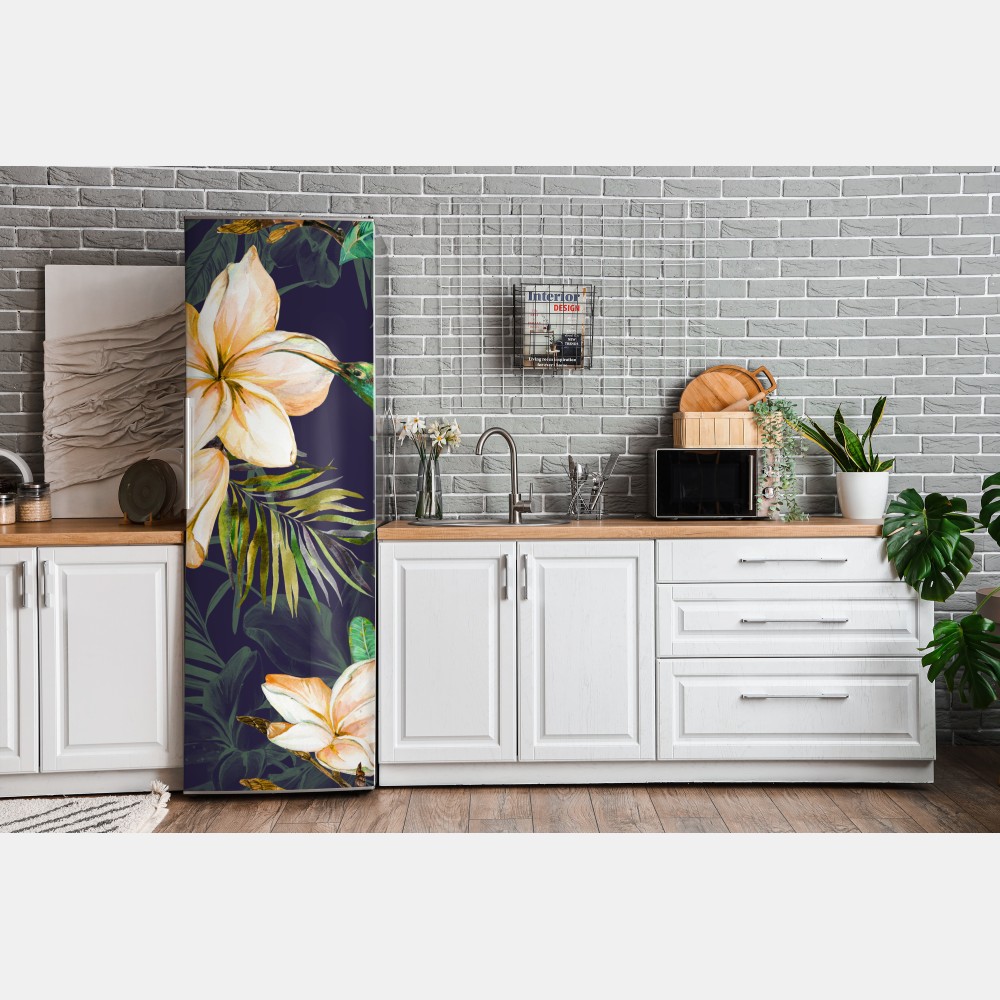 Naklejka na lodówkę tropikalne kolibry i plumeria w akwareli – Wallissimo® Naklejka na lodówkę tropikalne kolibry i plumeria w akwareli – Wallissimo®