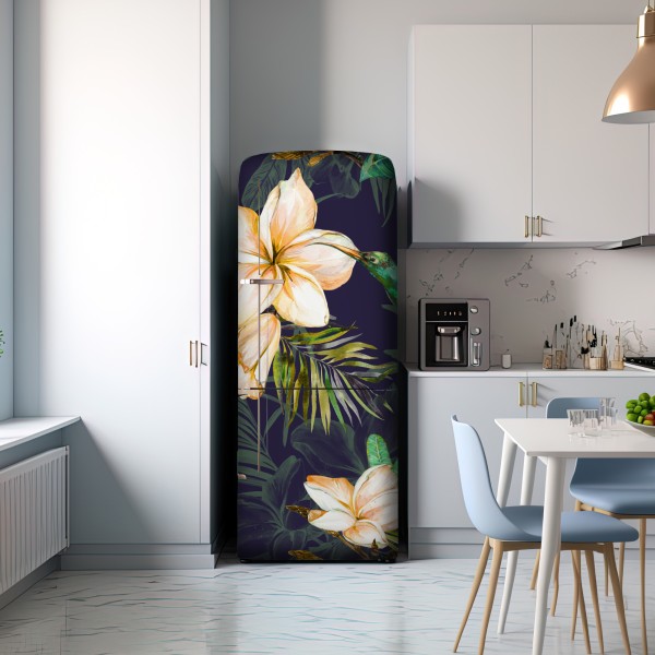 Naklejka na lodówkę tropikalne kolibry i plumeria w akwareli – Wallissimo® Naklejka na lodówkę tropikalne kolibry i plumeria w akwareli – Wallissimo®