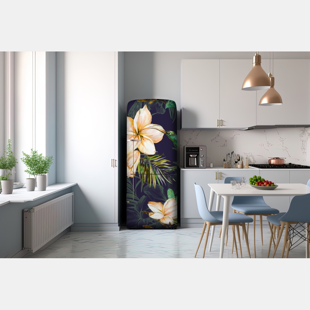 Naklejka na lodówkę tropikalne kolibry i plumeria w akwareli – Wallissimo® Naklejka na lodówkę tropikalne kolibry i plumeria w akwareli – Wallissimo®