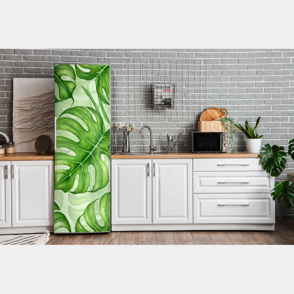 Naklejka na lodówkę akwarelowy wzór liści monstery – Wallissimo® Naklejka na lodówkę akwarelowy wzór liści monstery – Wallissimo®