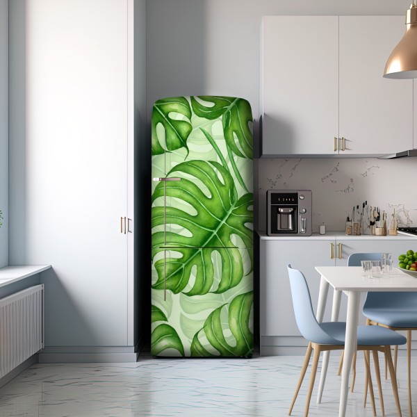 Naklejka na lodówkę akwarelowy wzór liści monstery – Wallissimo® Naklejka na lodówkę akwarelowy wzór liści monstery – Wallissimo®