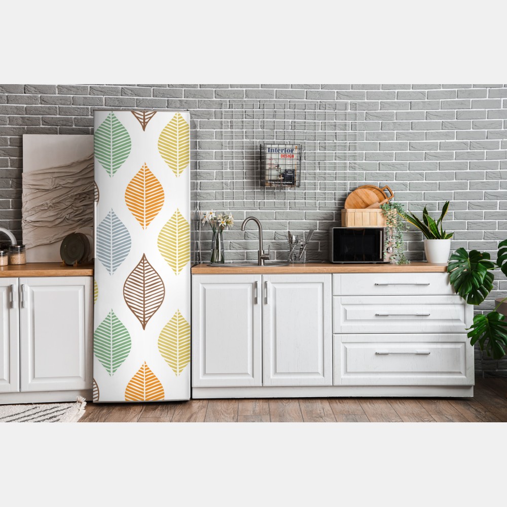 Naklejka na lodówkę pastelowy wzór liści na ścianę – Wallissimo® Naklejka na lodówkę pastelowy wzór liści na ścianę – Wallissimo®